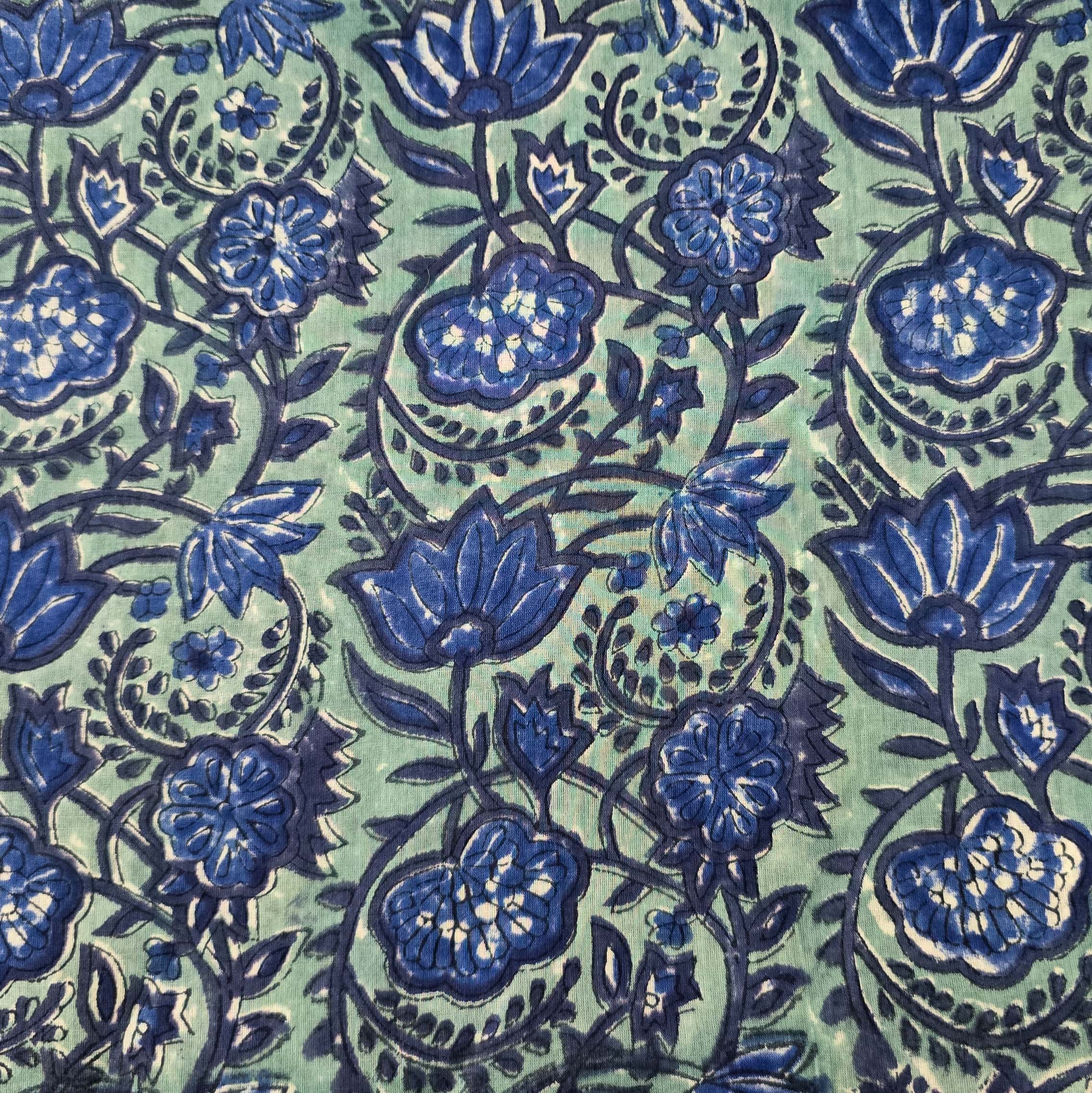 Pure Cotton Jaipuri Light Blue With Dark Blue Lotus Jaal Hand Block Pr ...
