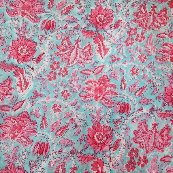 Pre-cut 0.80 cm Pure Cotton Jaipuri Light Blue With Pink Flower Jaal Hand Block Print