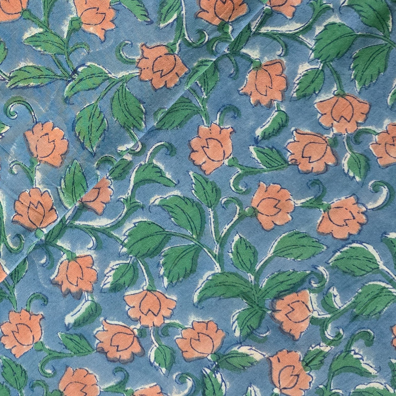 Pure Cotton Jaipuri Light Blue With Pink Tiny Rose Jaal Hand Block Print Fabric