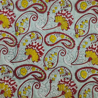 Pure Cotton Jaipuri Light Blue With Red And Mustard Kairi With Flower Hand Block Print Fabric