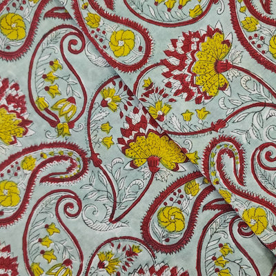 Pure Cotton Jaipuri Light Blue With Red And Mustard Kairi With Flower Hand Block Print Fabric