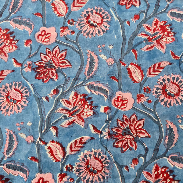 Pure Cotton Jaipuri Light Blue With Red Flower Jaal Hand Block Print Fabric