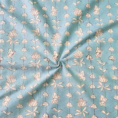 Pure Cotton Jaipuri Light Blue With White Flower Creeper Hand Block Print Fabric