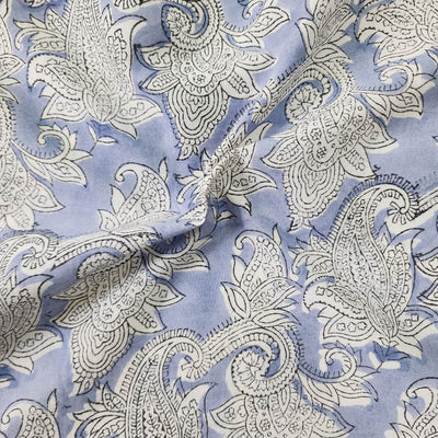 Pure Cotton Jaipuri Light Blue With White Flower Jaal Hand Block Print Fabric