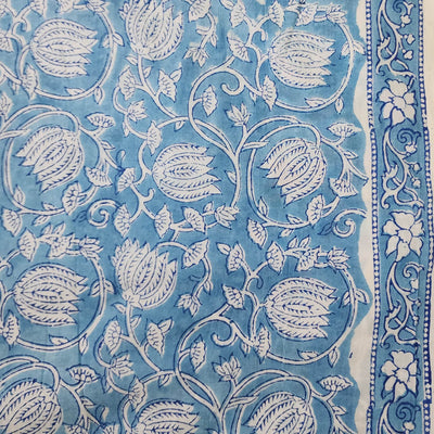 Pure Cotton Jaipuri Light Blue With White Lotus Jaal Hand Block Print Fabric