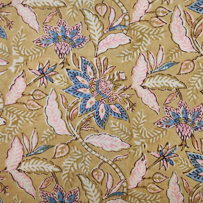 Pure Cotton Jaipuri Light Brown With Blue Wild Flower Hand Block Print Fabric