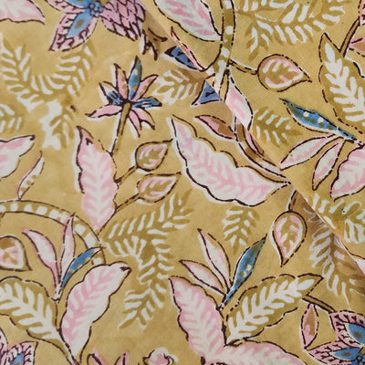 Pure Cotton Jaipuri Light Brown With Blue Wild Flower Hand Block Print Fabric