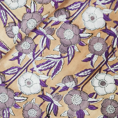 ( Pre-Cut 0.80 Meter  ) Pure Cotton Jaipuri Light Brown With Jungle White And Purple Flower Creeper Hand Block Print Fabric