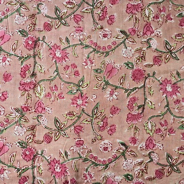 (Pre-Cut 1.45 Meter) Pure Cotton Jaipuri Light Brown With Pink And Green Flower Jaal Hand Block Print Fabric