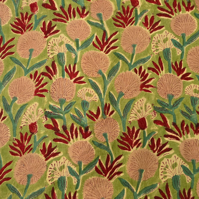 Pure Cotton Jaipuri Light Green With Red And Light Peach Flower Farm Hand Block Print Fabric