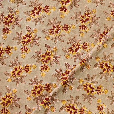 Pure Cotton Jaipuri Light Brown With Red And Mustard Flower Buds Hand Block Print Fabric