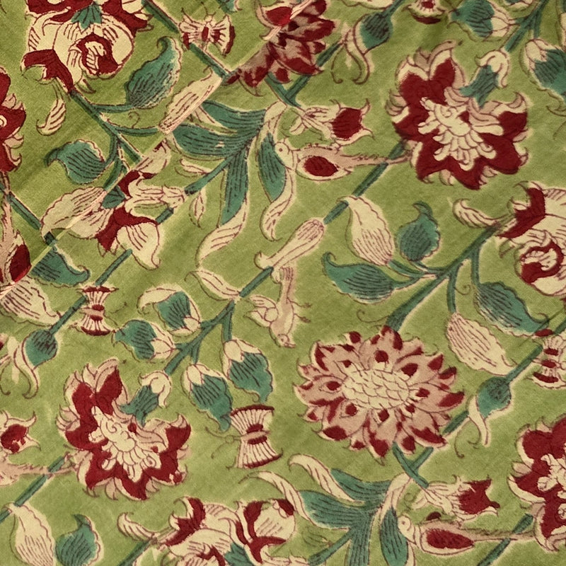 Pure Cotton Jaipuri Light Green  With Red Flower Creeper Hand Block Print Fabric
