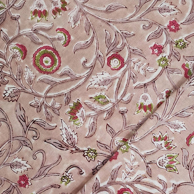 ( Pre-Cut 1.90 Meter  ) Pure Cotton Jaipuri Light Brown With Red Tiny Flower Jaal Hand Block Print Fabric