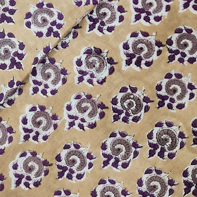 Pure Cotton Jaipuri Light Brown With White And Purple Flower Motif Hand Block Print Fabric