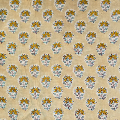 Pure Cotton Jaipuri Light Cream With Peach Flower Motif Hand Block Print Fabric