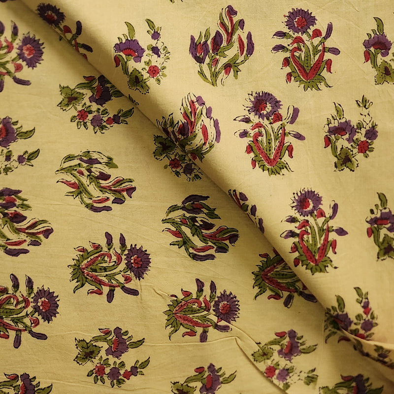 Pure Cotton Jaipuri Light Cream With Purple Flower Motif Hand Block Print Fabric