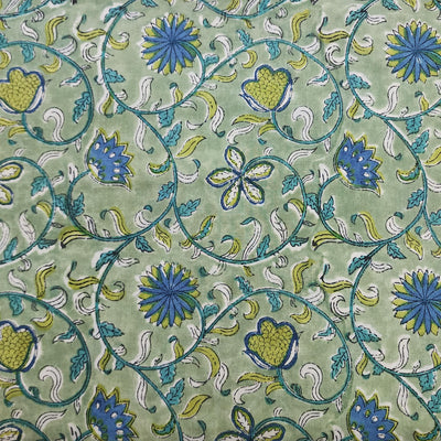 Pure Cotton Jaipuri Light Green With Blue And Light Green Floral Jaal Hand Block Print Fabric