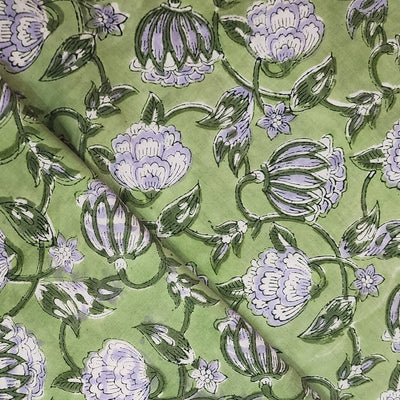 Pure Cotton Jaipuri Light Green With Dark Green Floral Jaal Hand Block Print Fabric