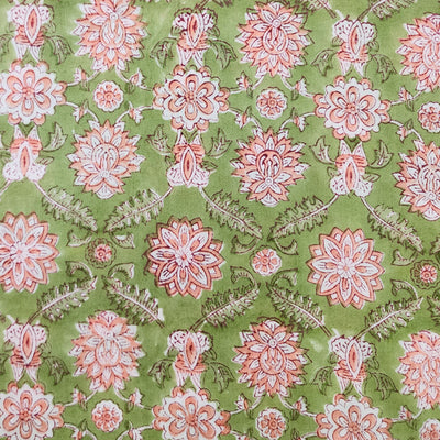Pure Cotton Jaipuri Light Green With Light Peach Flower All Over Hand Block Print Fabric bj