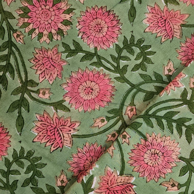 Pure Cotton Jaipuri Light Green With Peach Flower Jaal Hand Block Print Fabric