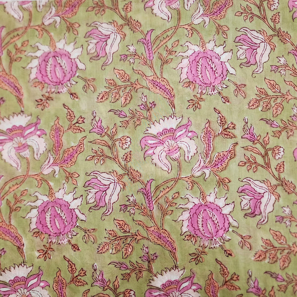 (Pre-cut 0.80 cm ) Pure Cotton Jaipuri Light Green With Pink Jaal Hand Block Print Fabric