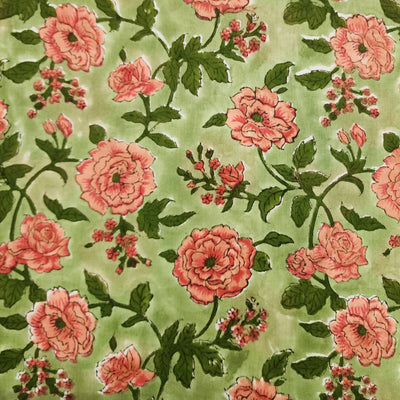 Pure Cotton Jaipuri Light Green With Pink Rose Jaal Hand Block Print Fabric