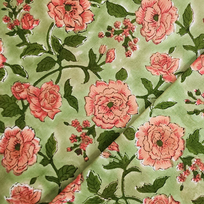 Pure Cotton Jaipuri Light Green With Pink Rose Jaal Hand Block Print Fabric