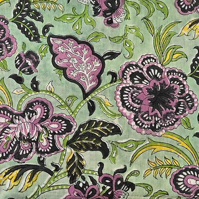 Pure Cotton Jaipuri Light Green With Purple Wild Flower Hand Block Print Fabric