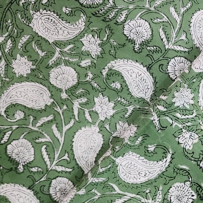 Pure Cotton Jaipuri Light Green With White Small Kairi Jaal Hand Block Print Fabric