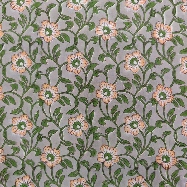 PRE-CUT 90 CM Pure Cotton Jaipuri Light Grey With Green And Orange Floral Jaal Hand Block Print Fabric