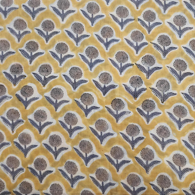 (Pre-Cut 1.90) Meter ,Pure Cotton Jaipuri Light Mustard With Flower Motifs Hand Block Print Fabric