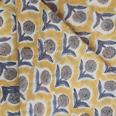 Pure Cotton Jaipuri Light Mustard With Flower Motifs Hand Block Print Fabric