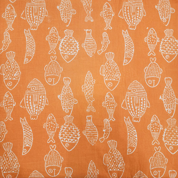 Pre-cut 2.25 meter Pure Cotton Jaipuri Light Orange With Fish Hand Block Print