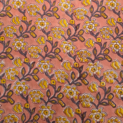 Pure Cotton Jaipuri Light Orange With Yellow Daffodil Flower Jaal Hand Block Print Fabric