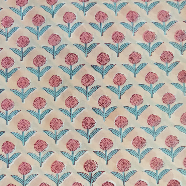 Pre-Cut 1.80 Meter Pure Cotton Jaipuri Light Peach With Drak Peach Flower Motif Hand Block Print Fabric