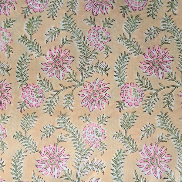 (Pre-cut 1 meter)Pure Cotton Jaipuri Light Peach With Light Pink Flower Creeper Hand Block Print Fabric