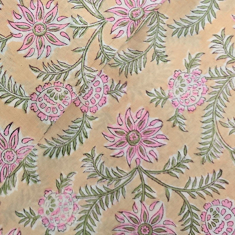 Pure Cotton Jaipuri Light Peach With Light Pink Flower Creeper Hand Block Print Fabric