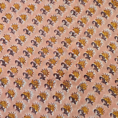 Pure Cotton Jaipuri Light Peach With Mustard Small Flower Creeper Hand Block Print Fabric