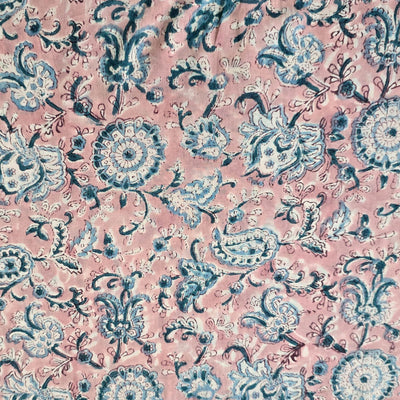 Pure Cotton Jaipuri Light Pink With Blue Flower Jaal Hand Block Print Fabric