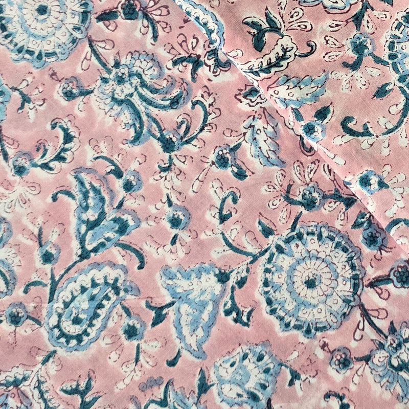 Pure Cotton Jaipuri Light Pink With Blue Flower Jaal Hand Block Print Fabric