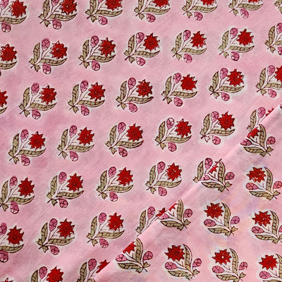 Pure Cotton Jaipuri Light Pink With Red Cherry Motif Hand Block Print Fabric