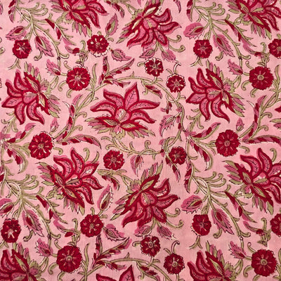 Pure Cotton Jaipuri Light Pink With Red Flower Jaal Hand Block Print Fabric