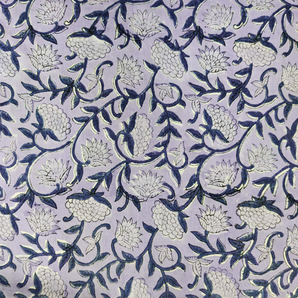 PRE-CUT 1.40 meter Pure Cotton Jaipuri White With Purple And Teal Floral Jaal Hand Block Print Fabric