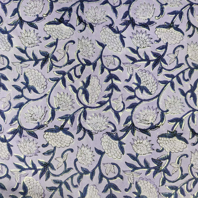 (Pre-cut 2.35 meter )Pure Cotton Jaipuri Light Purple With Fruit Jaal Hand Block Print Fabric