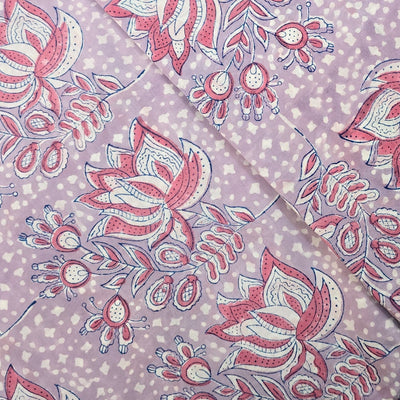 Pure Cotton Jaipuri Light Purple With Lotus  Hand Block Print Fabric