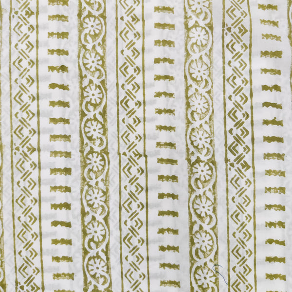 ( Pre-Cut 1 Meter ) Pure Cotton Jaipuri Mahindi Green Different Border Hand Block Print Fabric