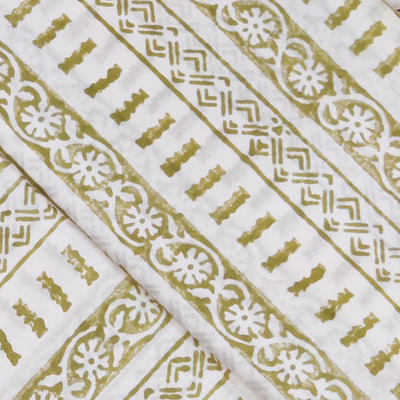 ( Pre-Cut 1 Meter ) Pure Cotton Jaipuri Mahindi Green Different Border Hand Block Print Fabric