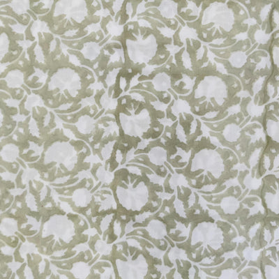 Pre-cut 1.5 meter Pure Cotton Jaipuri Mahindi Green With White Flower Jaal Hand Block Print Fabric