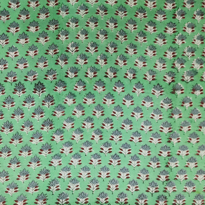 Pure Cotton Jaipuri Mint Green And Grey Tiny Flower Hand Block Print Fabric