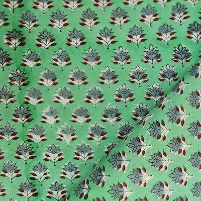 Pure Cotton Jaipuri Mint Green And Grey Tiny Flower Hand Block Print Fabric